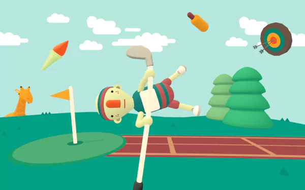 HD desktop wallpaper featuring a whimsical scene from the video game What the Golf?, with a cartoon golfer soaring through the air towards a hole, against a backdrop of a cheerful, stylized golf course.