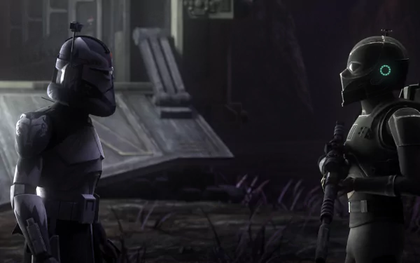 HD desktop wallpaper featuring characters from Star Wars: The Bad Batch TV show with a moody, atmospheric setting.