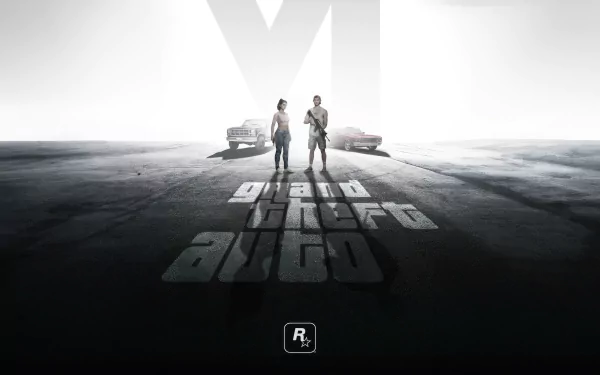 A striking HD wallpaper featuring characters from Grand Theft Auto VI, set against a desolate landscape with classic cars, embodying the game's iconic style and atmosphere.