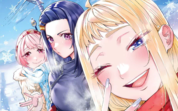 HD anime desktop wallpaper featuring Minami Fuyuki, Sayuri Akino, and Rena Natsukawa from Hokkaido Gals Are Super Adorable! against a bright, snowy background.