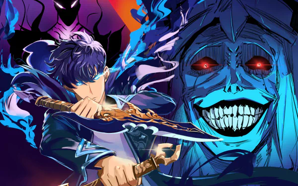 HD anime desktop wallpaper featuring Sung Jin-Woo and the Statue of God from Solo Leveling in a dynamic, vibrant composition.
