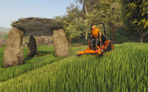 HD wallpaper of Lawn Mowing Simulator game showing a character using a lawn mower in a lush green setting.
