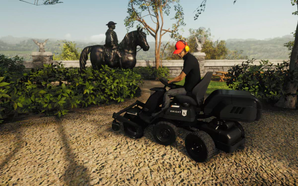 HD desktop wallpaper featuring a scene from Lawn Mowing Simulator with a character riding a lawn mower near a statue of a horse and rider.