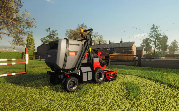 HD desktop wallpaper featuring a lawn mower from Lawn Mowing Simulator video game, showcasing the vibrant, realistic in-game graphics.