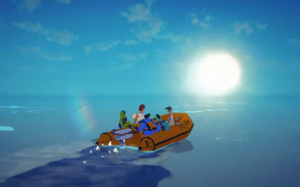Highwater video game HD wallpaper featuring animated characters navigating a flooded landscape in a small boat under a vast blue sky.
