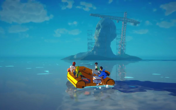 HD wallpaper of Highwater video game featuring characters on a raft with a large statue construction in the background.