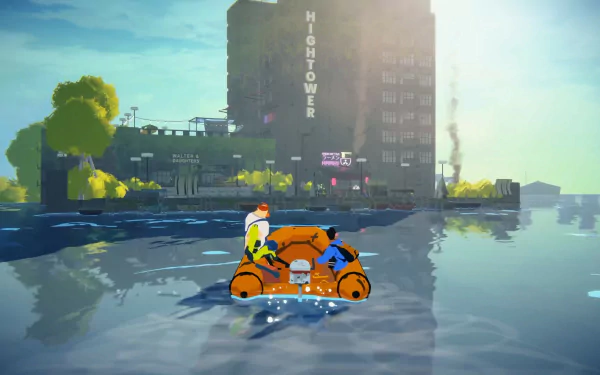HD desktop wallpaper featuring characters from the video game Highwater, set in a flooded city environment.