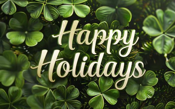 HD desktop wallpaper featuring Happy Holidays calligraphy over a backdrop of lush four-leaf clovers.