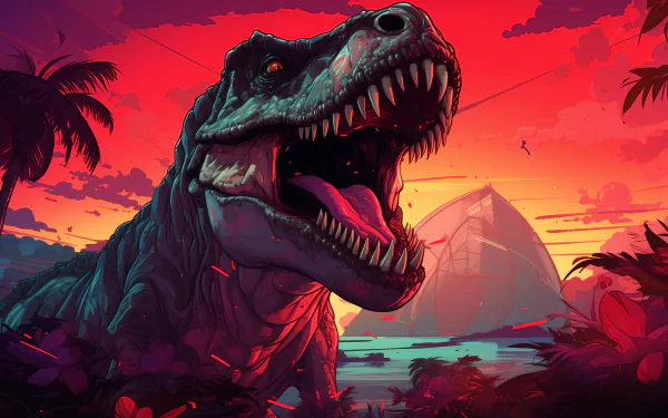 A majestic dinosaur in a beautiful AI-generated HD desktop background.