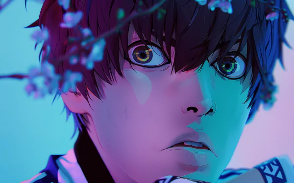 HD desktop wallpaper featuring the intense gaze of anime character Isagi Yoichi with a vibrant blue and pink backdrop and delicate cherry blossoms.