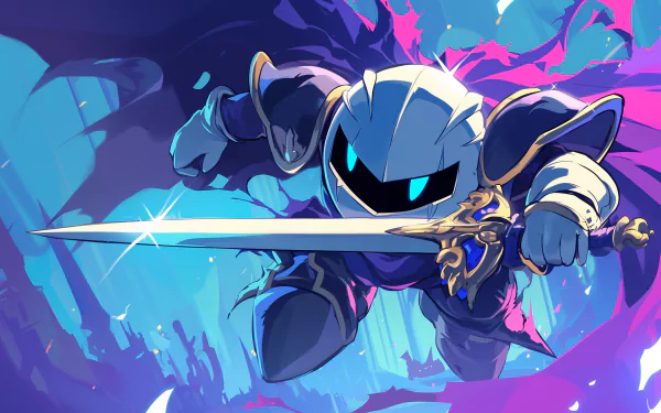 HD desktop wallpaper of Meta Knight wielding a sword with a dynamic blue and purple abstract background.