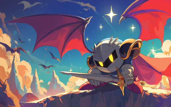 HD desktop wallpaper featuring Meta Knight posing heroically with sword in hand against a vibrant sky backdrop.