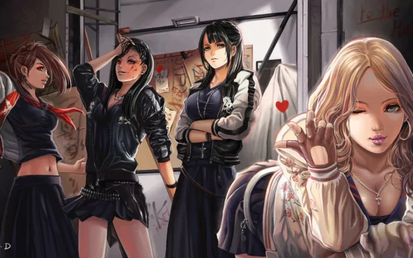 HD PC desktop wallpaper featuring four fierce female characters from the TV show Majisuka Gakuen in a gritty urban setting.