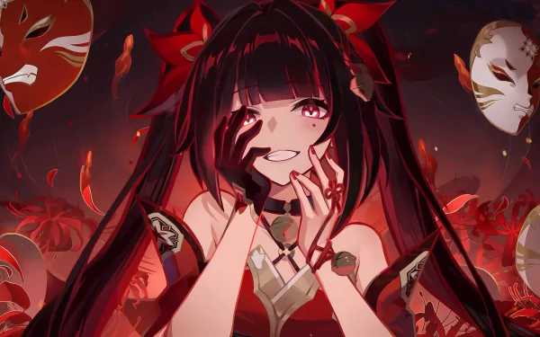 HD wallpaper of the character Sparkle from Honkai: Star Rail video game with a dramatic red and black motif and floating masks in the background.