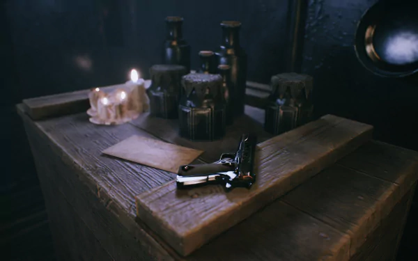 HD desktop wallpaper featuring a vintage revolver on a wooden table with vials and a lit candle, inspired by Peaky Blinders: The King's Ransom video game.