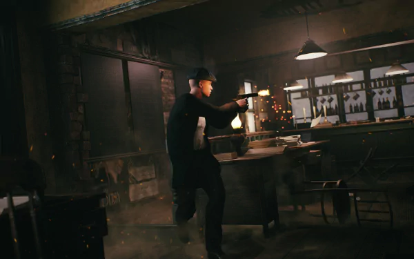 HD desktop wallpaper from the video game Peaky Blinders: The King's Ransom featuring a character in a vintage suit and cap aiming a gun in a dimly lit room with target silhouettes in the background.