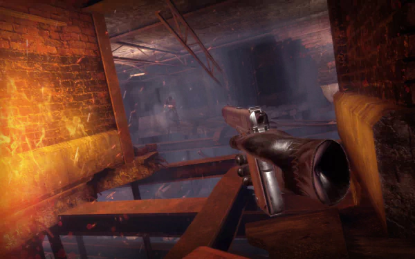 HD desktop wallpaper from Peaky Blinders: The King's Ransom video game, featuring a first-person view holding a gun in a gritty setting.