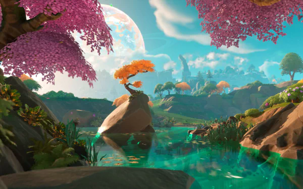 HD wallpaper of Lightyear Frontier video game featuring a vibrant alien landscape with pink trees and a large moon in the background.