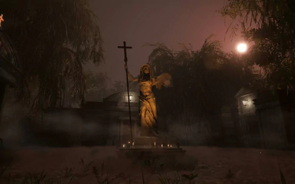 HD wallpaper of a mysterious statue from the 2024 video game Alone in the Dark, set in a foggy, eerie cemetery under a dimly-lit night sky.