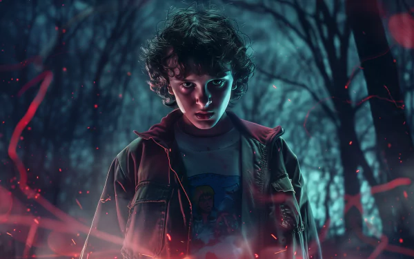 Stranger Things fan art with a stylized depiction of a character in a mysterious, glowing forest as HD desktop wallpaper