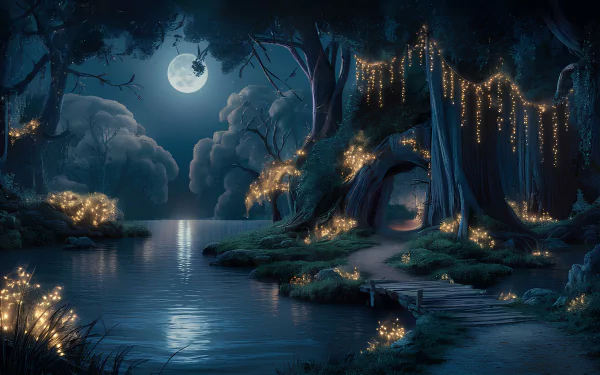 A surreal 4K Ultra HD forest scene under moonlight, with glowing magical lights illuminating ancient trees beside a peaceful river.