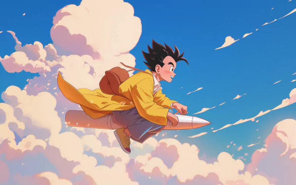 HD Anime Wallpaper Featuring Gohan from Dragon Ball Z flying on the Nimbus cloud against a beautiful sky with clouds