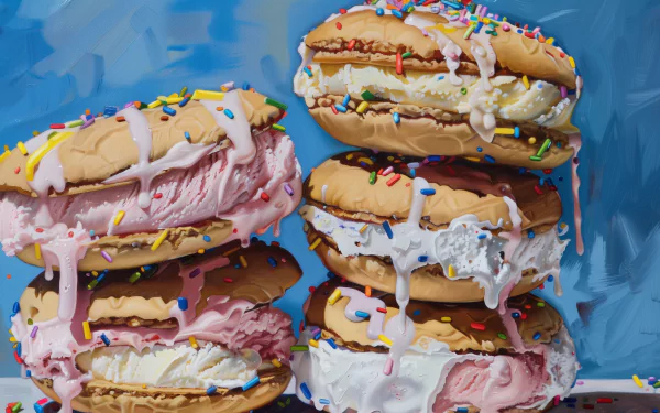 A colorful stack of ice cream sandwiches with dripping ice cream and sprinkles against a blue background, presented as a vibrant HD desktop wallpaper.