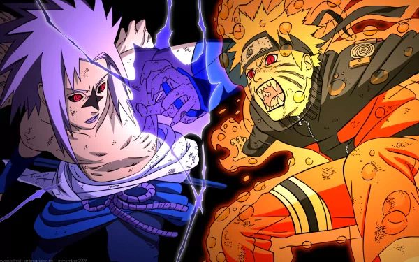 HD desktop wallpaper featuring Naruto Uzumaki and Sasuke Uchiha from the anime series Naruto, showcasing an intense battle scene with vibrant colors and dynamic visuals.