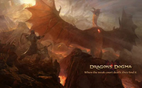 HD wallpaper featuring an epic scene from the video game Dragon's Dogma with a warrior facing a dragon amidst a dramatic landscape.