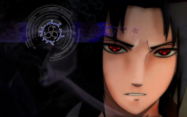 HD desktop wallpaper and background featuring Sasuke Uchiha from the anime Naruto, with his intense red eyes and a mysterious dark design in the background.