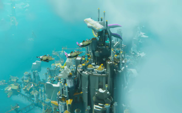 HD wallpaper featuring a scene from Bulwark: Falconeer Chronicles video game, with an underwater cityscape and flying creatures.