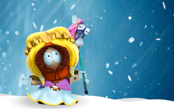 HD Wallpaper of South Park: Snow Day! featuring a whimsical character dressed in vibrant costume with a unicorn, set against a snowy backdrop.