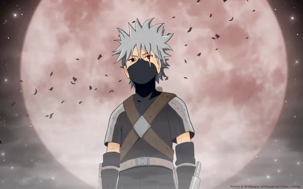 Anime HD wallpaper featuring Kakashi Hatake from Naruto standing against a large, glowing moon backdrop with falling leaves.
