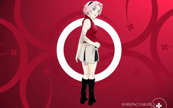 Sakura Haruno from the anime Naruto stands confidently against a vibrant red background, embodying her strength and determination in this HD wallpaper.