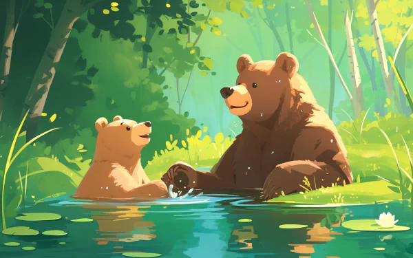 HD desktop wallpaper featuring an illustrated brown bear with a cub by the water in a lush green forest setting.