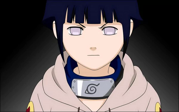 A striking HD wallpaper featuring Hinata Hyuga from the anime Naruto. The character is portrayed with a serious expression, showcasing her iconic outfit and ninja headband.