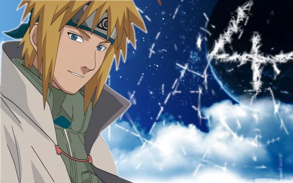 HD desktop wallpaper featuring Minato Namikaze from Naruto, showcasing his blonde hair and blue eyes. The background includes an ethereal blue sky and symbolic elements, embodying the Hokage’s serene strength.