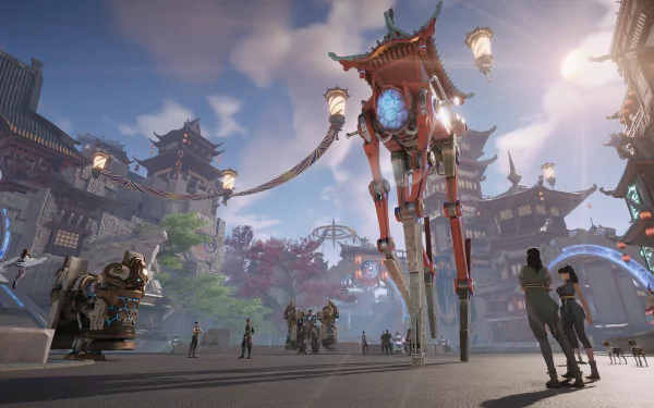 HD desktop wallpaper of Perfect New World video game featuring characters in a vibrant city with traditional architecture and futuristic elements.