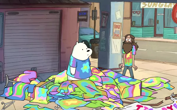 HD desktop wallpaper featuring a scene from the TV show We Bare Bears with a polar bear sitting on a pile of tie-dye shirts as a character looks on.