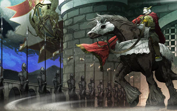 HD wallpaper of SaGa Emerald Beyond video game featuring knight on horse with army and flags.
