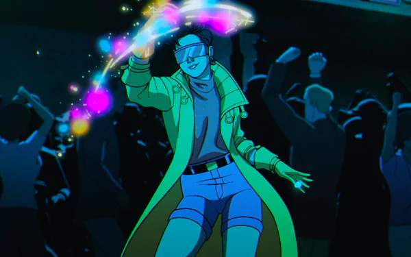 Jubilee from Marvel Comics dances energetically at a party, surrounded by a vibrant crowd, in this HD wallpaper inspired by the TV show X-Men '97.