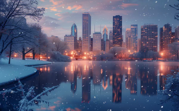 HD wallpaper featuring a serene snowy cityscape with a frozen lake in the foreground, illuminated by city lights at dusk.