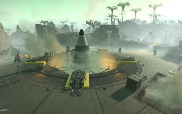 HD wallpaper of Helldivers 2 video game featuring players on a mission with futuristic military equipment and atmospheric alien landscape.