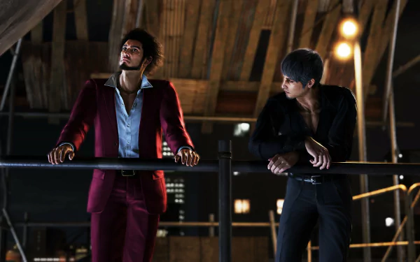 HD desktop wallpaper featuring two characters from Like a Dragon: Infinite Wealth video game standing thoughtfully in a dimly lit urban setting.