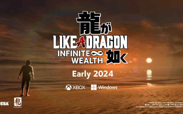 HD Wallpaper of Like a Dragon: Infinite Wealth Video Game Release Teaser with Beach Sunset Background for Desktop.