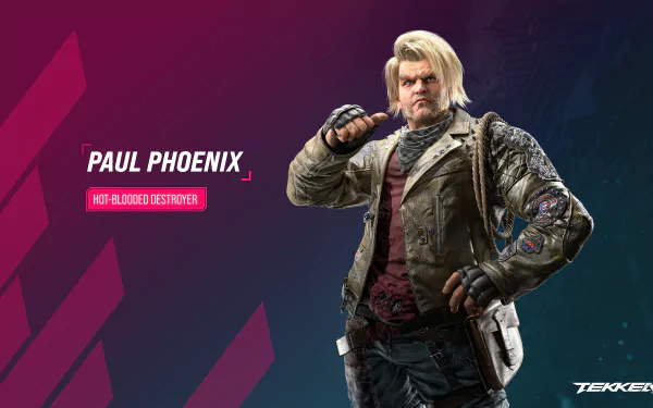 Paul Phoenix from Tekken 8, depicted as a hot-blooded destroyer, poses confidently against a dynamic background in this HD desktop wallpaper.