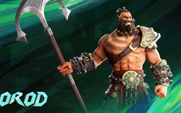 HD desktop wallpaper of a warrior character from Prince of Persia: The Lost Crown video game, featuring a muscular hero with a battle axe on a stylized green background.
