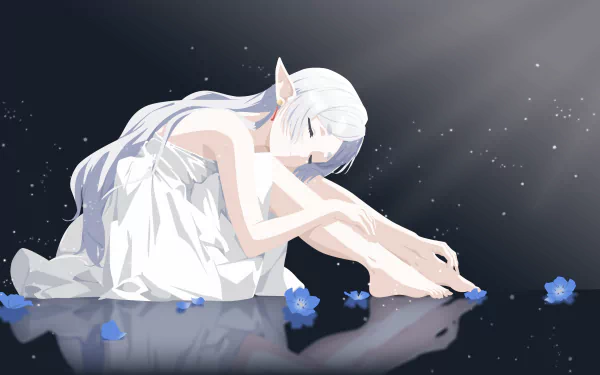 4K Ultra HD anime wallpaper featuring Frieren from Frieren: Beyond Journey's End, depicted in a serene pose with white hair and a flowing dress surrounded by blue flowers.