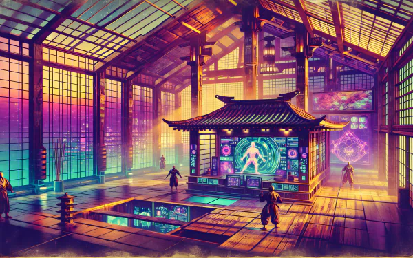 A vibrant HD desktop wallpaper showcasing a futuristic dojo with glowing screens, colorful lights, and figures practicing martial arts in a serene, technologically advanced environment.
