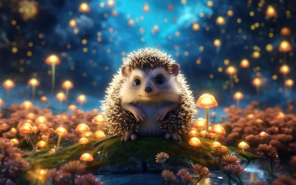 HD wallpaper of a magical hedgehog surrounded by glowing mushrooms under a starry night sky.